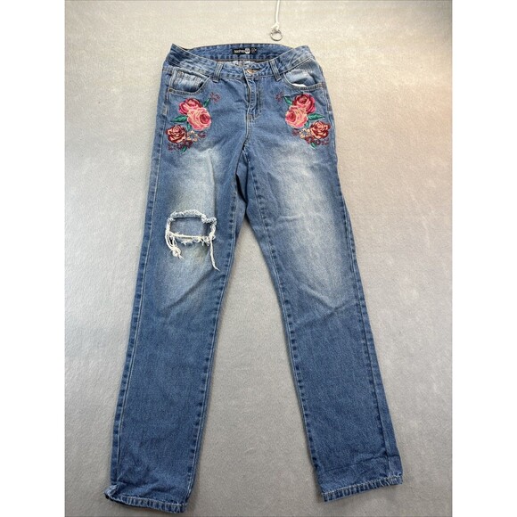 Boohoo Denim - Boohoo Rose Flower Embroidered Light Wash Jeans Ripped High Waisted Size 4